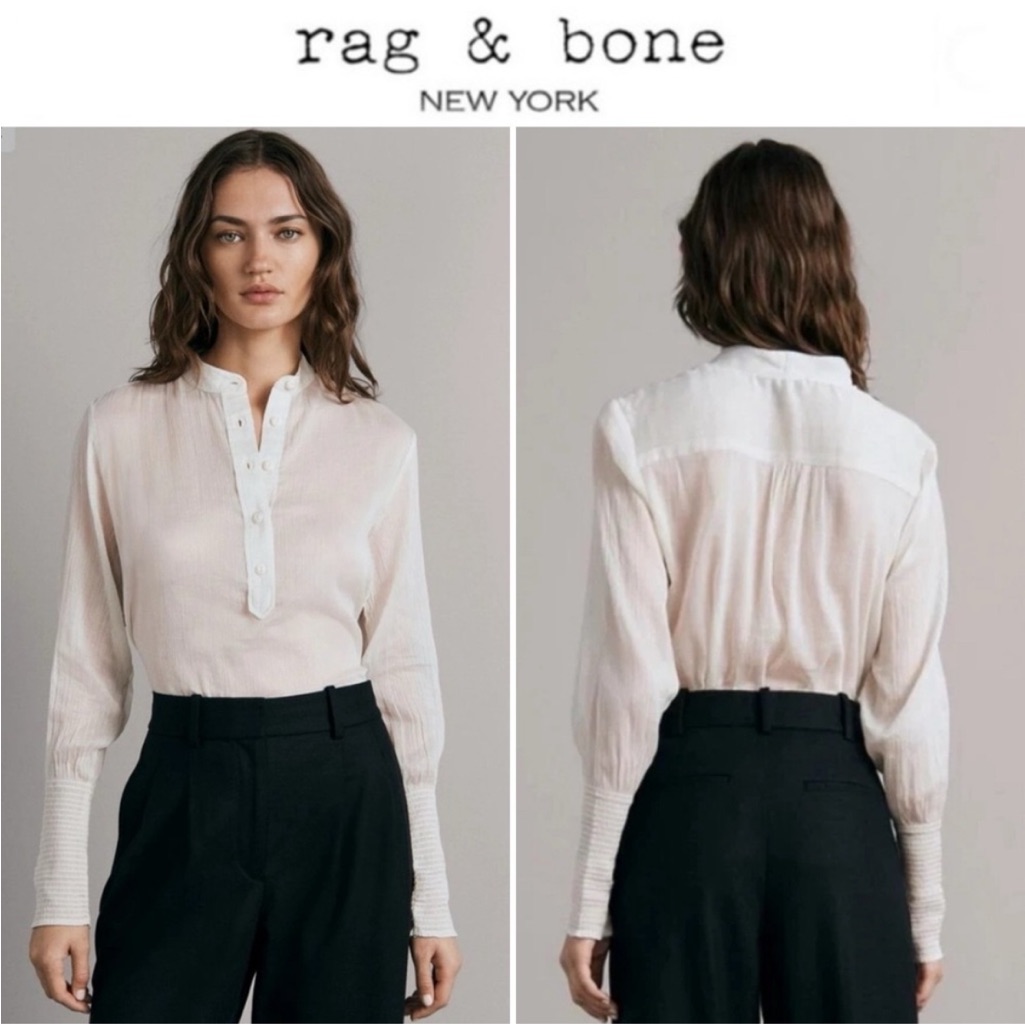 Rag & Bone Maris Popover Top Blouse White Cotton Silk Long Sleeve Size Xs Nwot